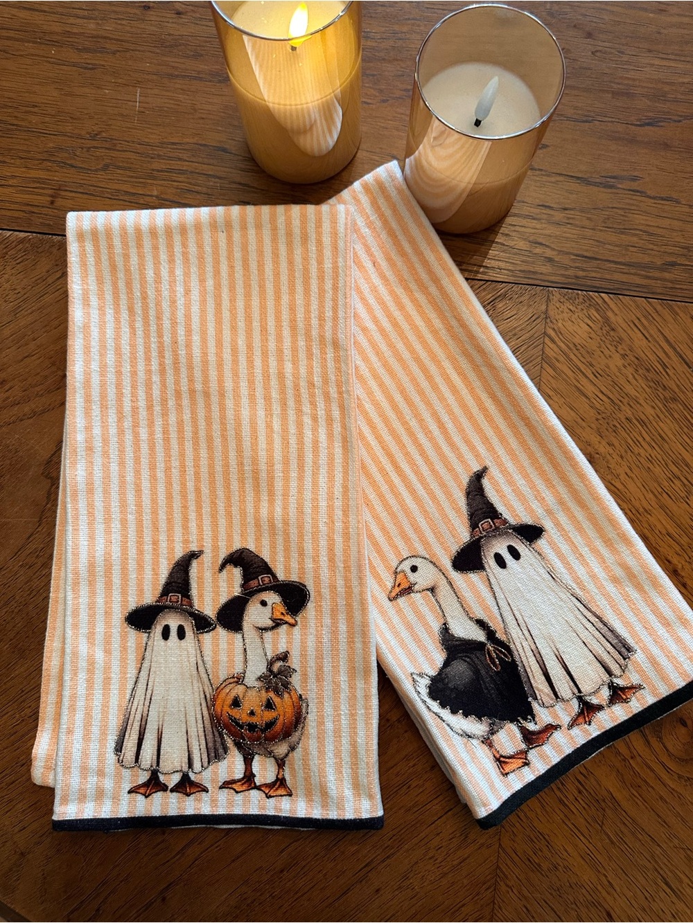 Halloween Kitchen Towels Set of 2 Ghost Pumpkins Striped Orange Black